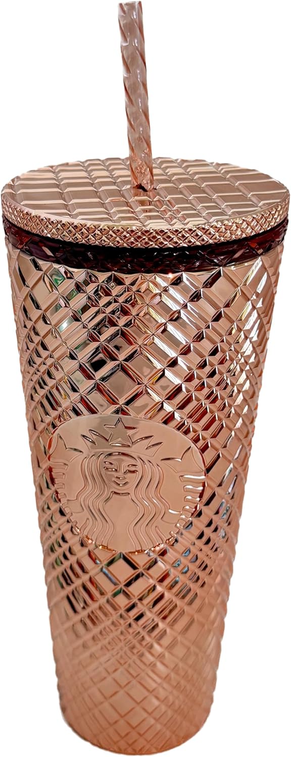 Starbucks Vaso frío de 24 onzas con joyas para vacaciones de invierno 2023, oro rosa