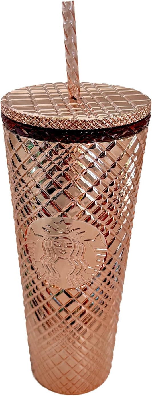Starbucks Vaso frío de 24 onzas con joyas para vacaciones de invierno 2023, oro rosa