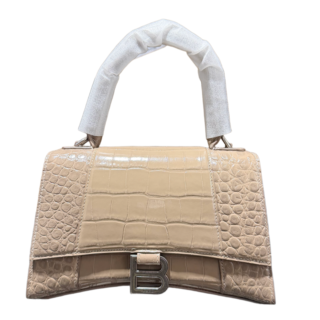 BALENCIAGA HOURGLASS S 'CROCODILE EMBOSSED' BEIGE SHINY LEATHER GOLD HARDWARE HANDBAG