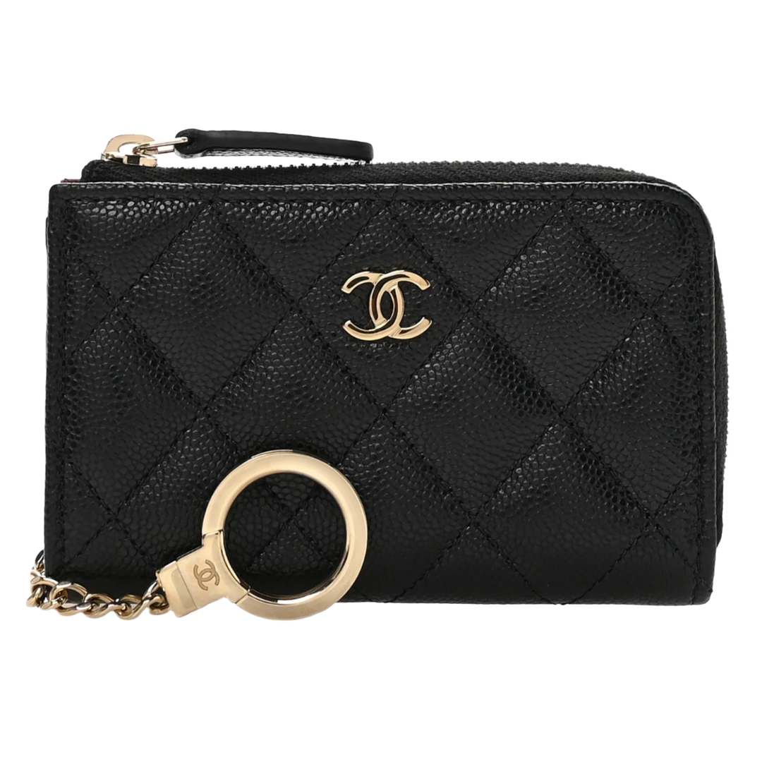CHANEL 26S 'QUILTED CAVIAR LEATHER' ZIPPED CARDHOLDER KEYCHAIN