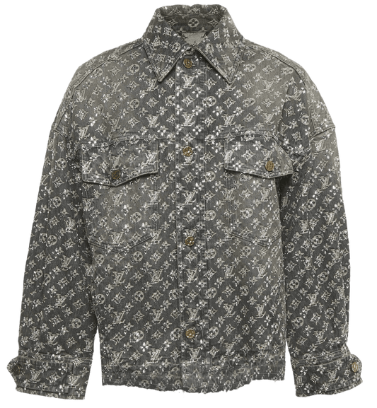 LOUIS VUITTON GREY RHINESTONE EMBELLISHED MONOGRAM RAW EDGE DENIM JACKET RUNWAY