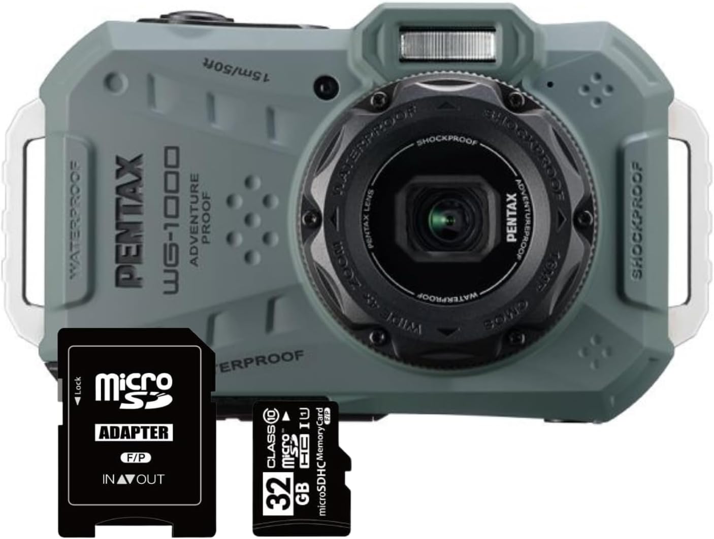 Pentax WG-1000 Compact Digital Camera, Waterproof 49.2 ft (15 m), Dustproof, Shock Resistant, CALS Mode, 16 Megapixels, 4x Optical Zoom, 32 GB SD Card Included (Olive)
