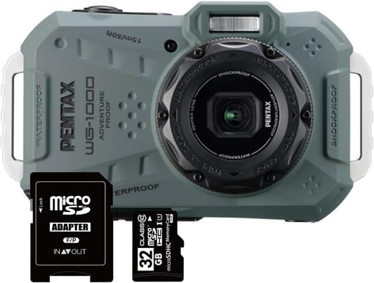 Pentax WG-1000 Compact Digital Camera, Waterproof 49.2 ft (15 m), Dustproof, Shock Resistant, CALS Mode, 16 Megapixels, 4x Optical Zoom, 32 GB SD Card Included (Olive)