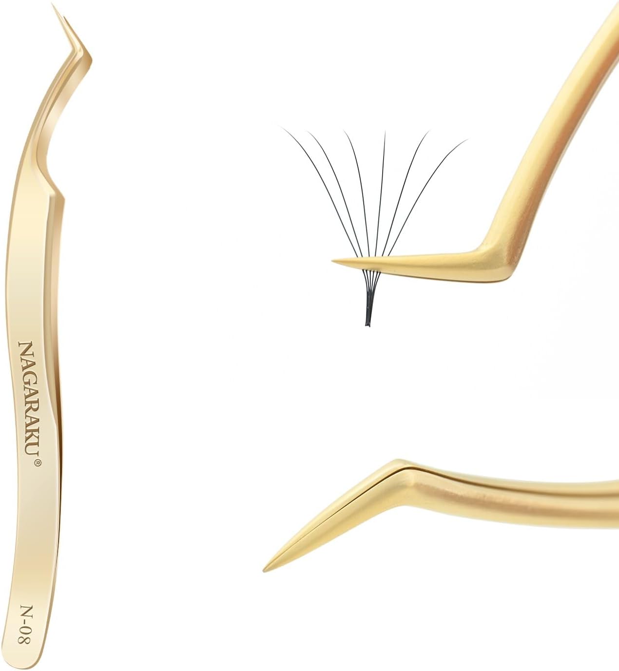 NAGARAKU Eyelash Extension Tweezers Gold Curved Angle Volume Cluster Precision Ultralight Stainless Steel (N-08)