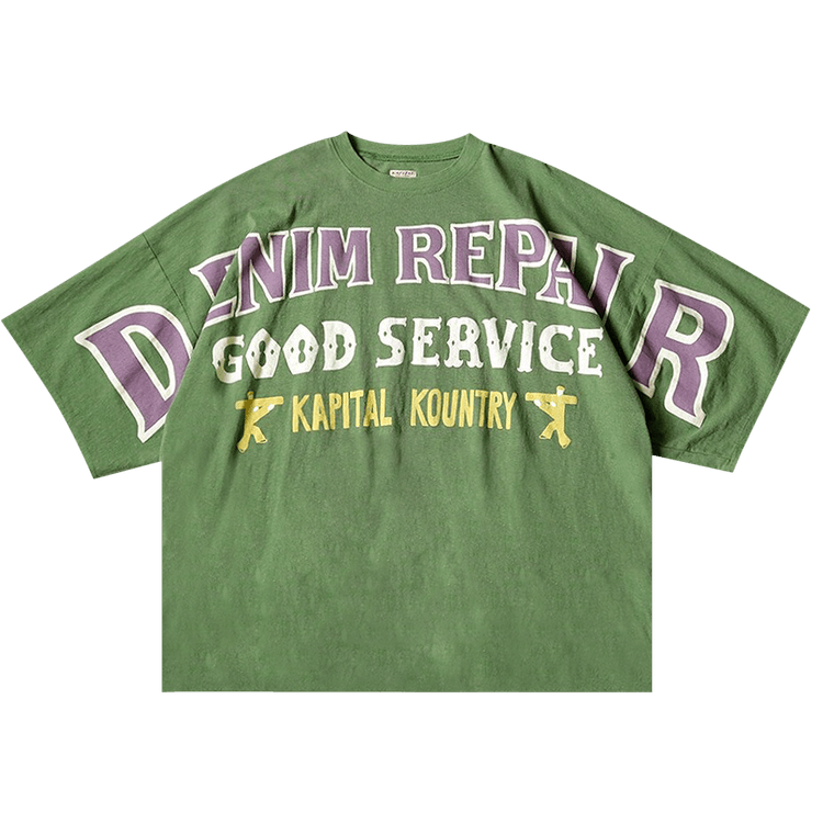 KAPITAL 'DENIM REPAIR' GREEN JERSEY TEE