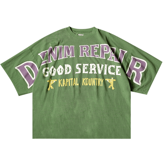 KAPITAL 'DENIM REPAIR' GREEN JERSEY TEE