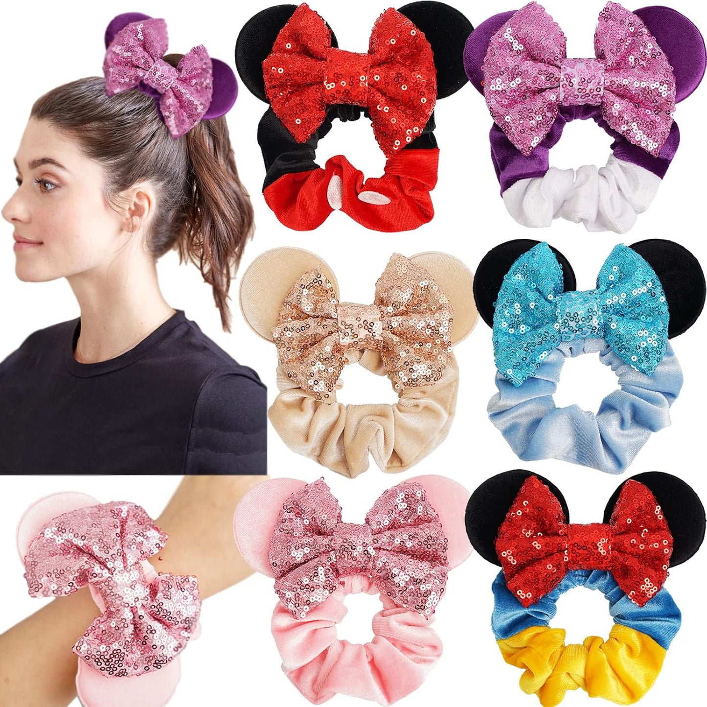 Paquete de 6 Coleteros con Orejas de Ratón, Lazos de Terciopelo con Lentejuelas Brillantes, Bandas Elásticas de Goma para Coletas, Lazos para el Cabello, Decoración para Fiesta de Navidad para Niños