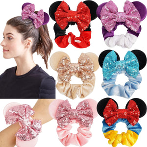 Paquete de 6 Coleteros con Orejas de Ratón, Lazos de Terciopelo con Lentejuelas Brillantes, Bandas Elásticas de Goma para Coletas, Lazos para el Cabello, Decoración para Fiesta de Navidad para Niños