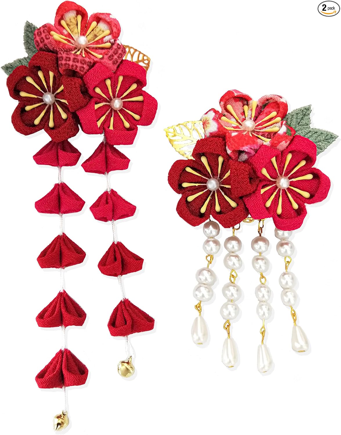JZOON Hair Ornaments 2-Piece Set, Coming of Age Ceremony, Yukata, Hakama, Kimono, Furisode, Kimono, Kimono, Kimono, Handmade, Flowers, Graduation Ceremony, Wedding, Bell Included, Handmade, Red,