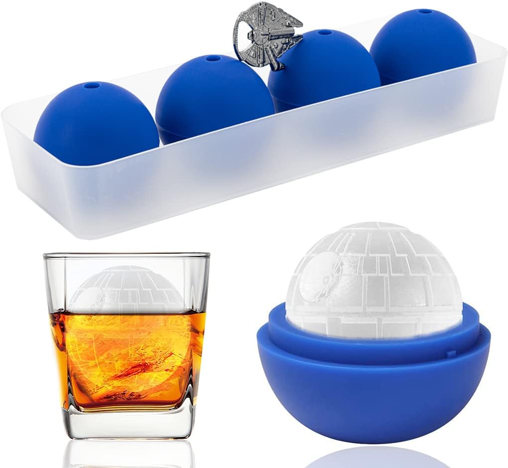 Molde de bola de hielo para whisky, estrella de la muerte, gran regalo de Star Wars para hombres (4 paquetes+1 abridor de botellas + bandeja)