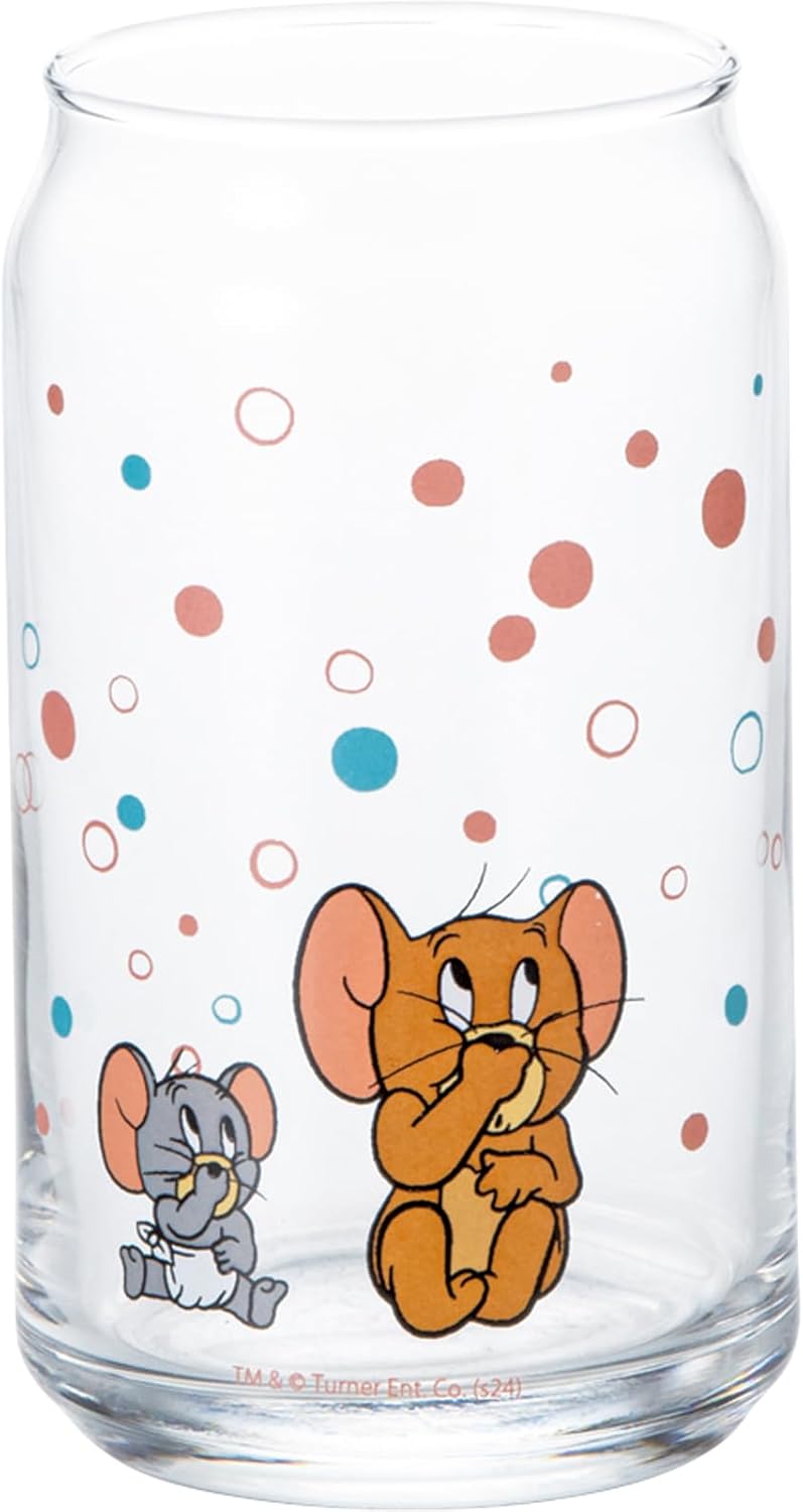 Tom & Jerry Anime Scene Taffy Can Shaped Glass Juice Glass, Approx. 12.8 fl oz (360 ml), Approx. Diameter 2.8 x 5.1 inches (7 x 13 cm), Tableware, Tom Jelli, Goods, Miscellaneous Goods, Pink & Blue,