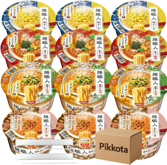 Pikotta Noodle Craftsmen Cup Ramen, 4 Types x 3 Servings Each, 12 Servings, Split Chopsticks Set, Soy Sauce, Miso, Yuzu Shi, Noodles, Food Comparison Set, Instant Ramen, Assorted, Preserved Food