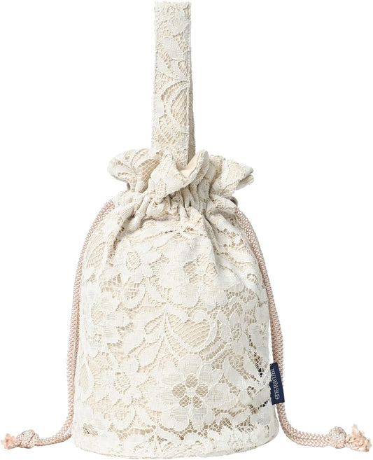 ENTRAMBI Made in Japan Lace Drawstring Bag, Round Shape, Square Type, Lace, Floral Pattern, Women's, Yukata, Kimono