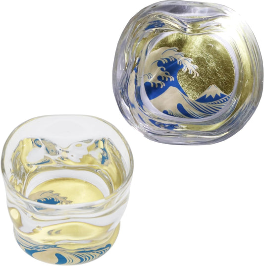 Kasyou Studio Wave Off Kanagawa Twist Shaped Glass | Katsushika Hokusai Motif, Kagazao, Kanazawa Gold Foil, Made in Japan, Premium Boar Mouth (with Cosmetic Box, Ausa), Hanasai Glass The great wave of Kanagawa