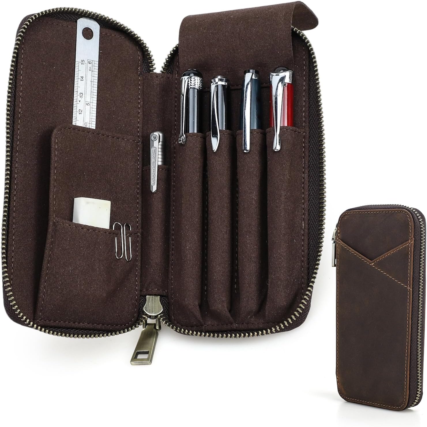 Contact's family Crazy Horse Leather Multi Stationery Pouch - Hand Sewing Craftsmanship Small Leather Pencil Case 4 Pen Holder Pencil Lead Holder with ID Pocket