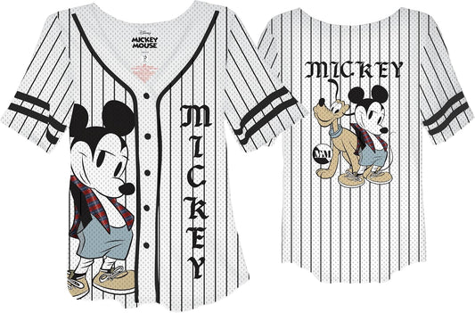 Disney Camiseta de béisbol con botones de Mickey Mouse y Pluto para mujer