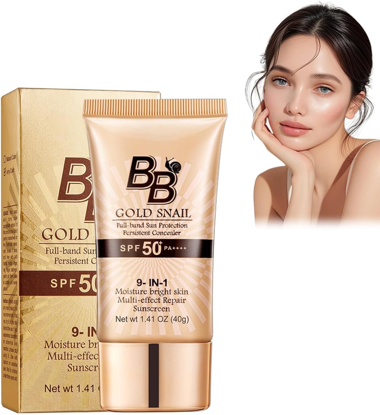 Sunscreen BB Cream SPF50+ PA+++ Gold Snail BB Cream, 1.4 oz (40 g), 3-in-1 Makeup, Moisturizing, Coverage, UV Protection & Glowing Skin, Fits Your Skin, Natural Finish that Won't Float, Compact