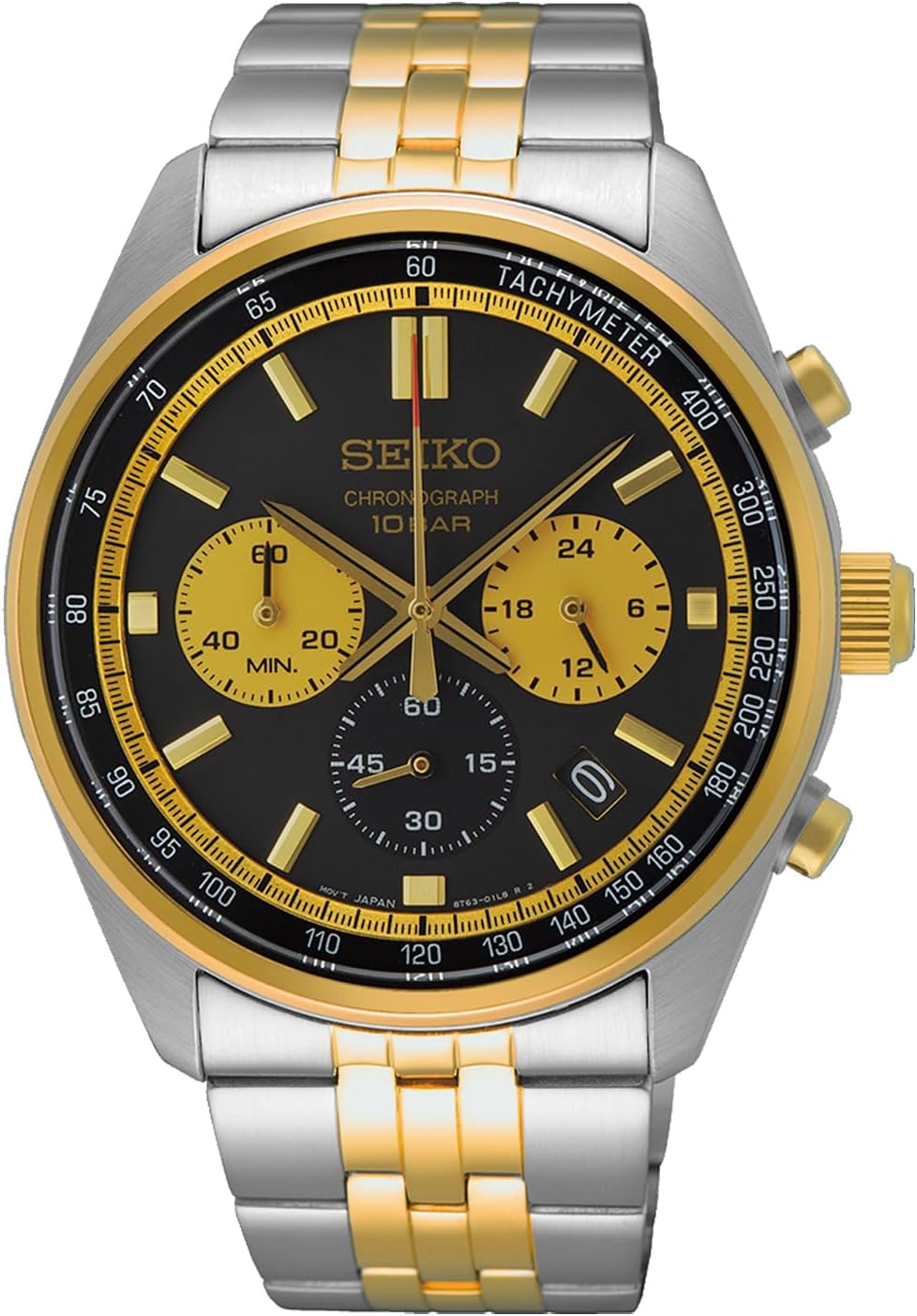 Seiko SSB430P1 Men's 1/5 Second Chronograph Quartz Wristwatch, Silver x Gold, Black Dial, Black, Bracelet Type