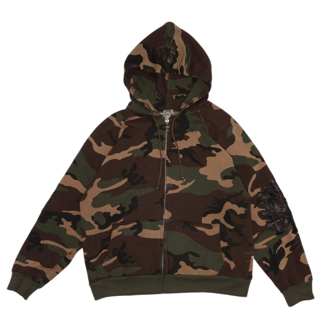 CHROME HEARTS 'CAMO LEATHER HORSESHOE' CROSS PATCH THERMAL ZIP UP HOODIE