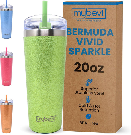 MyBevi Bermuda Vivid Sparkle - Vaso de acero inoxidable aislado con tapa, doble pared sellada al vacío, taza de viaje apta para soportes de automóvil, 20 onzas, verde menta