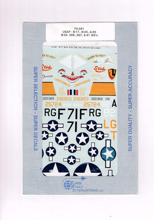 Super Scale 1/72 B-17 Flying Fortress B-24 Liberator A-26 Havoc Plastic Model Decal [72-281]