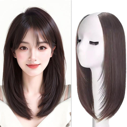 MASAHA Hair Extensions Neckline Wig, Semi-Long, Straight Inner Winding, Layered, Medium Partial Wig Hairpiece (Black Brown)