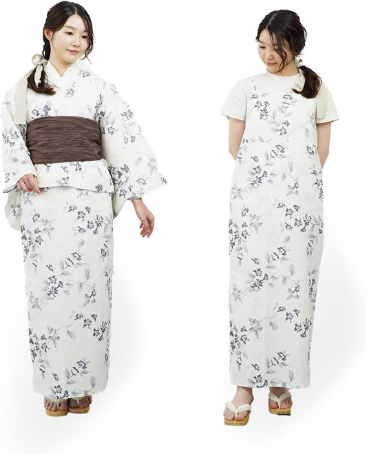 Amemari Yukata, 2-Piece Set, One-Piece Yukata Set, Wrinkled Waistband, Women's, 2-Way Coordinated, Easy to Wear, Trend Yukata, 100% Cotton, 8 Patterns, One Size Fits Most, Dull Color, Cute