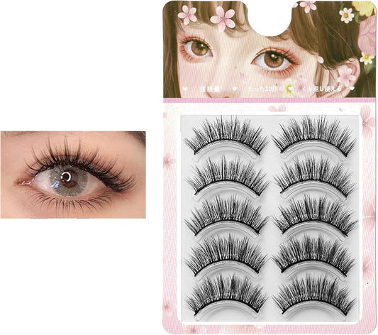 False Eyelashes, Natural, Korean Style, Actress, 3D, Volume Type, Soft, Easy to Wear, For Beginners, Natural Material, Black (5 Pairs x 1) (01#)