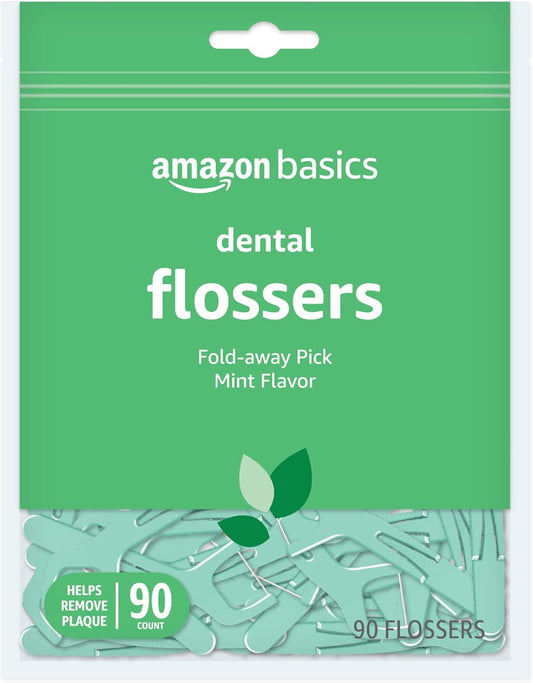 Basics Mint Dental Flossers, Shred Resistant, Slides Easily Between Teeth, with Fold-Away Pick, 90 Count, 1-Pack (Previously Solimo)
