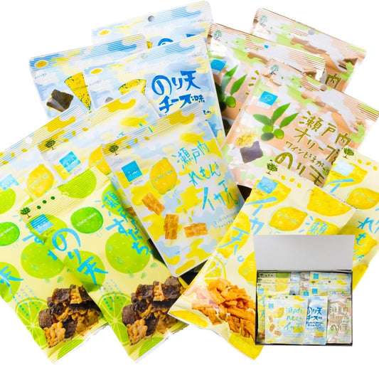 Beer-friendly snack gift set from Setouchi, Hiroshima souvenir, 5 types 13 pieces, Okonomiyaki, Setouchi lemon-flavored squid tempura, Sudachi-flavored squid tempura, Gorgonzola cheese-flavored