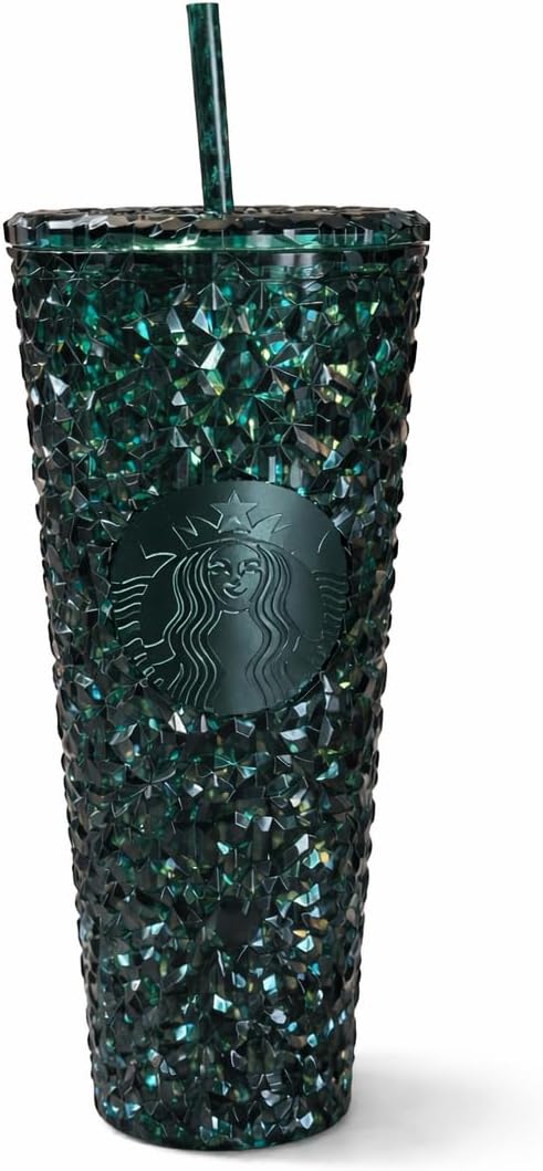 Starbucks Deep Emerald Gemstone Cold Cup - Vaso de acrílico reutilizable de 24 onzas con tapa y popote