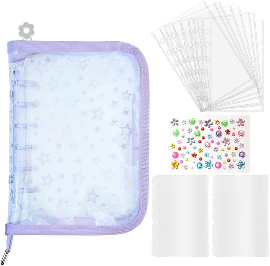 Binder Sealing Book, Seal Storage, A7, Purple, 6 Holes, Binder for Card Protection, 10 Transparent Sleeves, 2 PP Papers, Lightweight, Dustproof Type, Sticker Storage, Photo Storage, Star Pattern