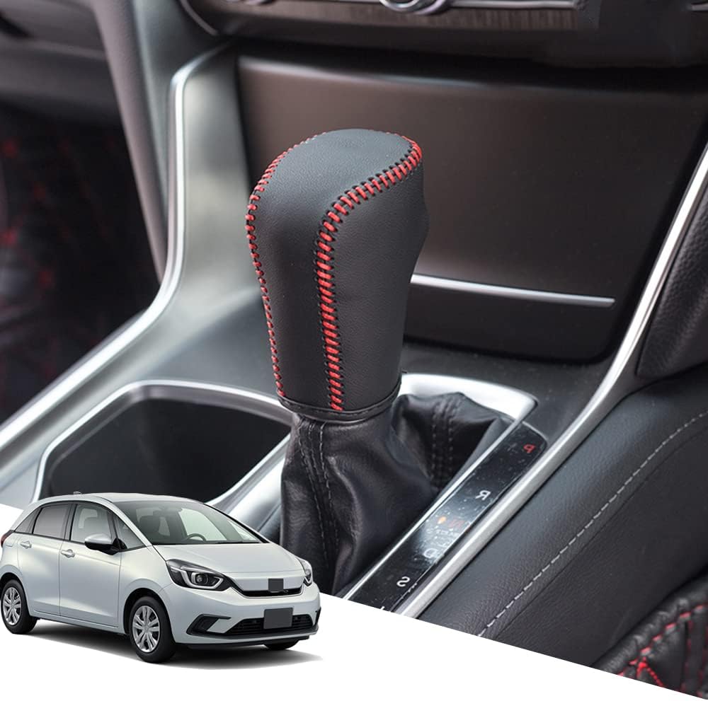 Genuine Leather Shift Knob Cover for Honda Fit GR Series (from Feb 2020), Accord CV Series (from Feb 2020), Custom Accessory, Scratch Prevention, Easy to Install, Black with Red Stitching