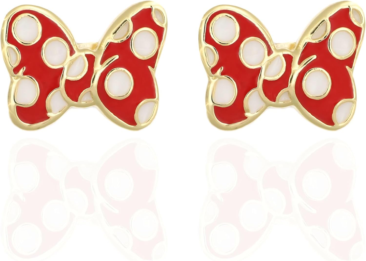Disney Boucles d'oreilles Minnie Mouse en laiton doré avec nœud en émail rouge et blanc pour femme, prêt à offrir, bijoux officiels Disney