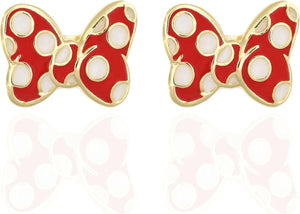 Disney Boucles d'oreilles Minnie Mouse en laiton doré avec nœud en émail rouge et blanc pour femme, prêt à offrir, bijoux officiels Disney