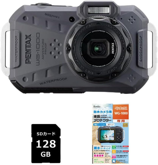 Pentax Digital Camera WG-1000 Gray with SD Card & LCD Protection Film (3 Pack)