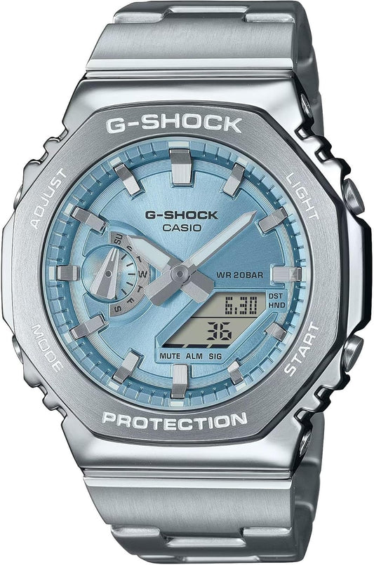 Casio G-Shock Octagon Light Blue Stainless Steel Watch GM2110D-2A, Silver, Modern, Silver, Modern