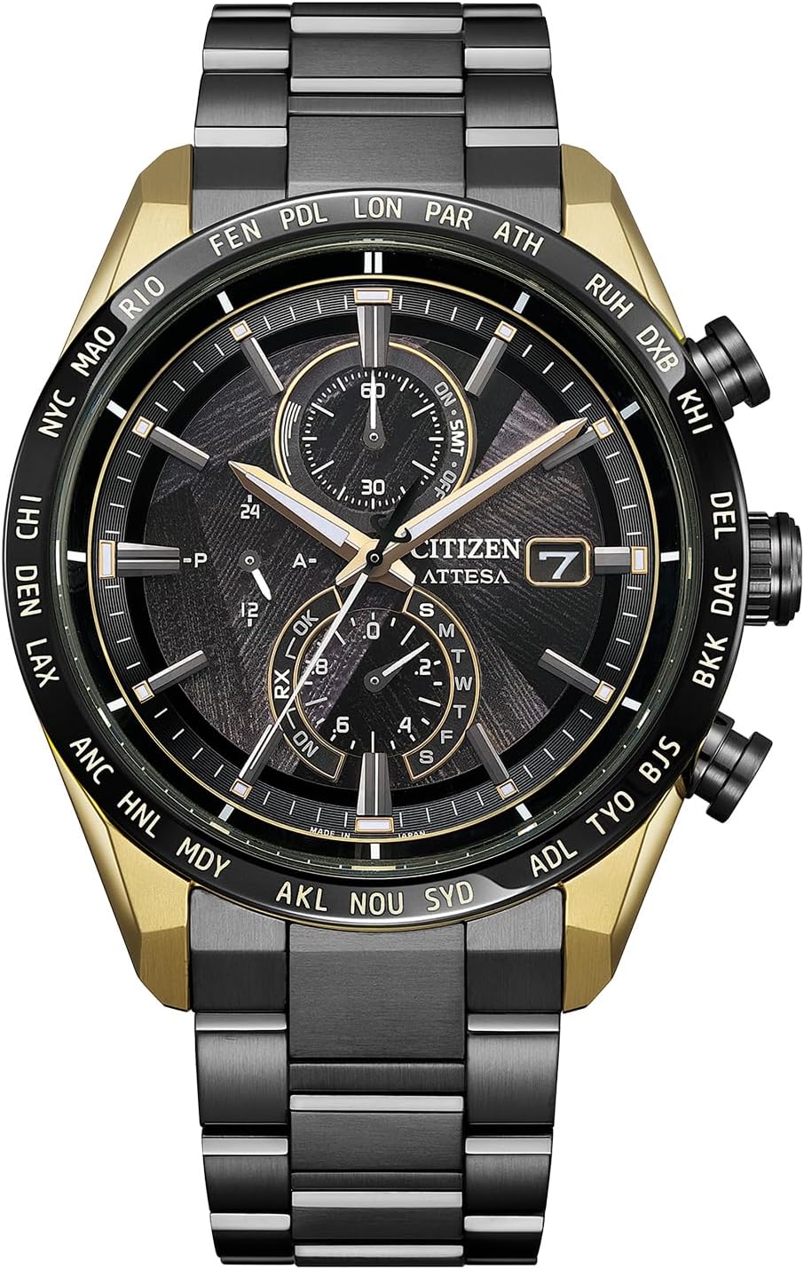 CITIZEN AT8384-58E Light in Black, Eco-Drive, Waterproof, Chronograph, Titanium, Made in Japan, Business, Analog, Black, Gold, Radio-controlled Solar