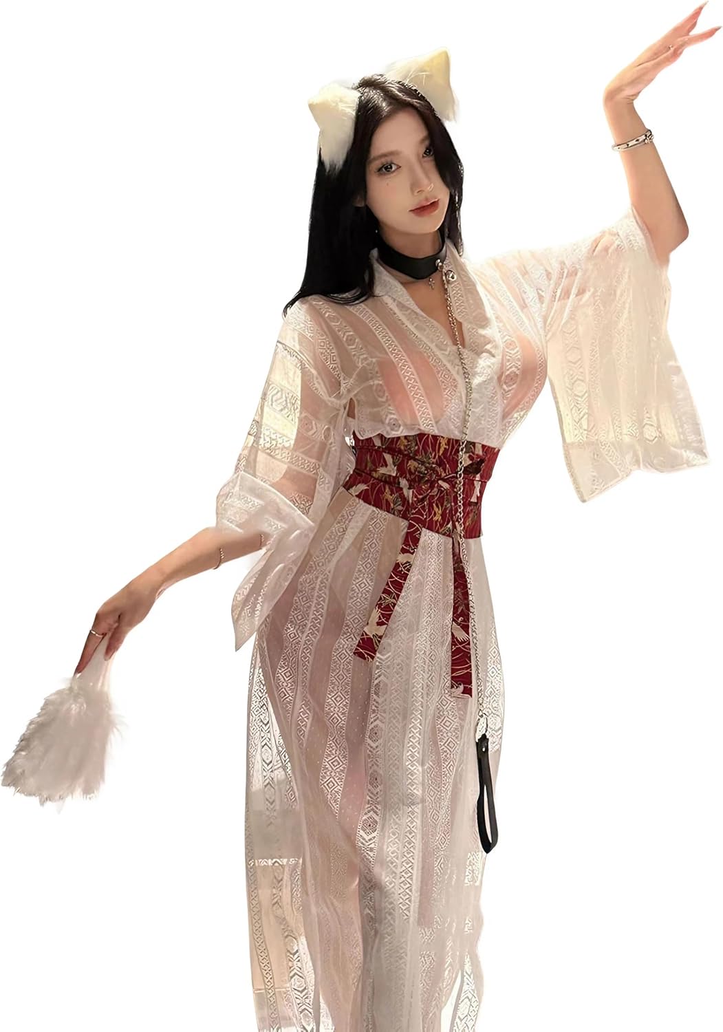 MTKCNTL Yukata, Cosplay, Sexy Kimono, 4-piece Set, Lace, See-through, Dress, Long, Short Length, Fan, Headband, Yamatsuko, Japanese Style, Cute, Temptation, Women's Costume