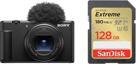 Sony ZV-1II Compact Digital Camera VLOGCAM Vlog Camera with Windscreen Zoom Lens Black ZV-1M2 B + [SanDisk Genuine Product] SD Card, 128GB SDXC, Class 10, UHS-I U3, V30, SanDisk Extreme SDSDXVA