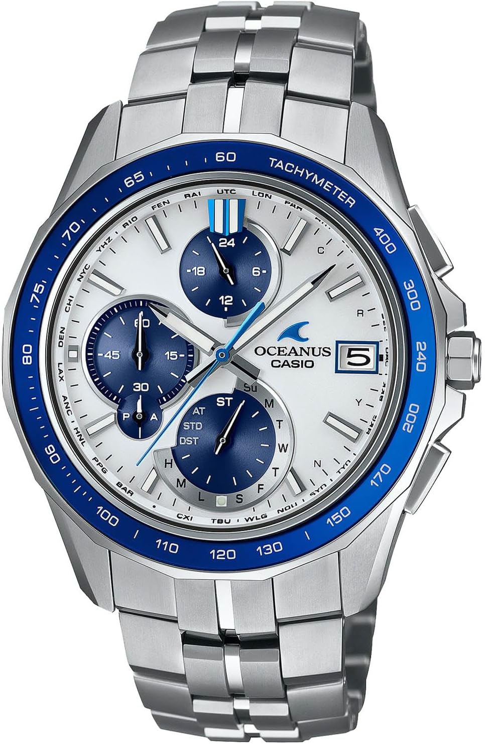 Casio OCW-S7000 Oceanus Wristwatch, Manta Bluetooth Included, Radio-Solar, Sapphire Glass Bezel, Blue/White Dial, Titanium Band