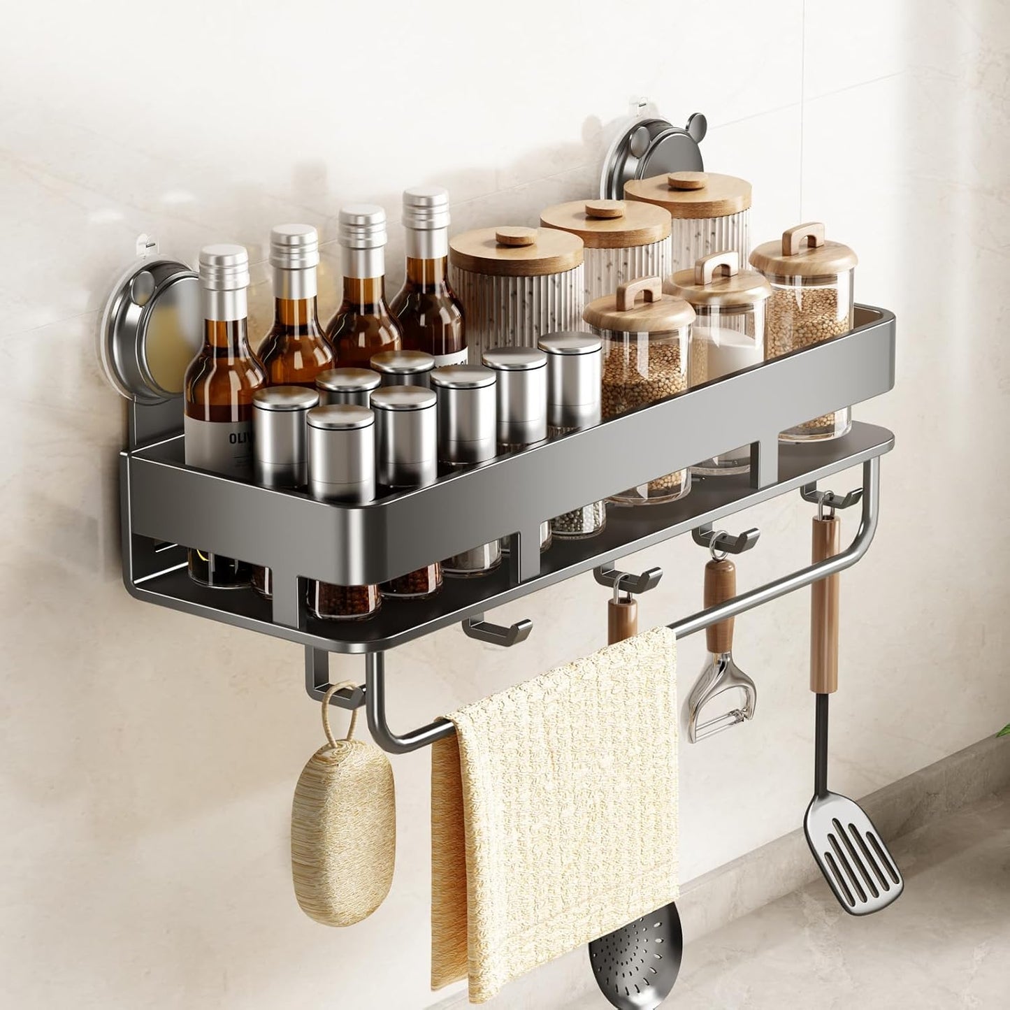 CICUFY Seasoning Rack Aluminum Seasoning Container Suction Cup Kitchen Storage Spice Rack with 5 Movable Hooks, Gray 11.8 inches (30 cm)