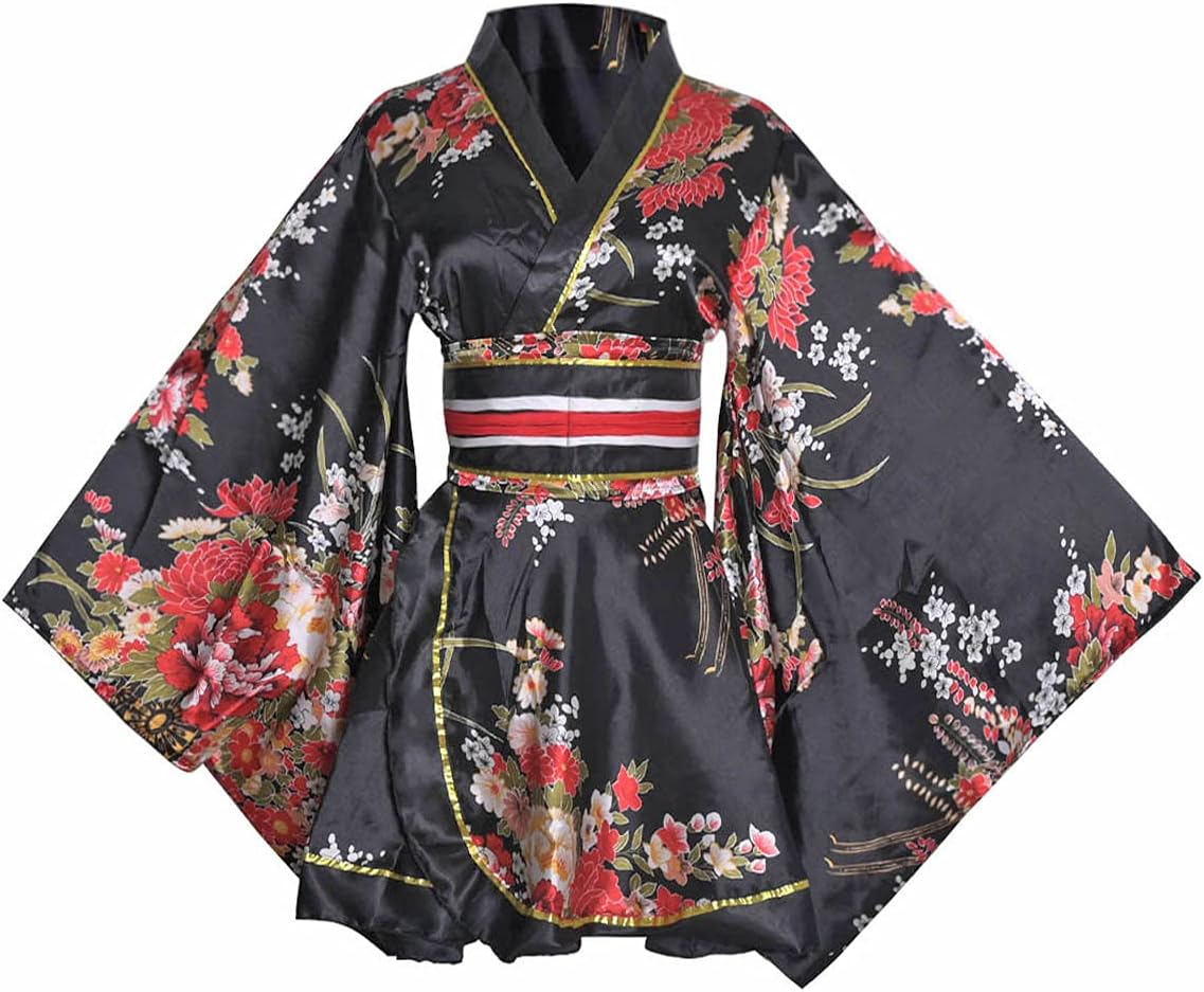 Women's Short Kimono Costume, Floral Pattern, Long Sleeve, Japanese Traditional Geisha, Yukata, Lolita Dress, Sexy Bath, Srobe, Sleepwear Robe, Belt Outfit