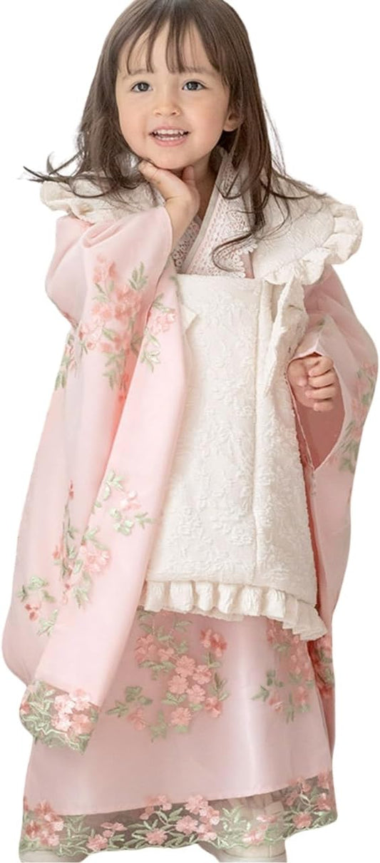 Catherine Cottage CC0746 TAK Shichi-Go-San Girls 3 Years Old Kimono Flower Embroidered Tulle Lace Kimono Dress & Cover Set Kimono