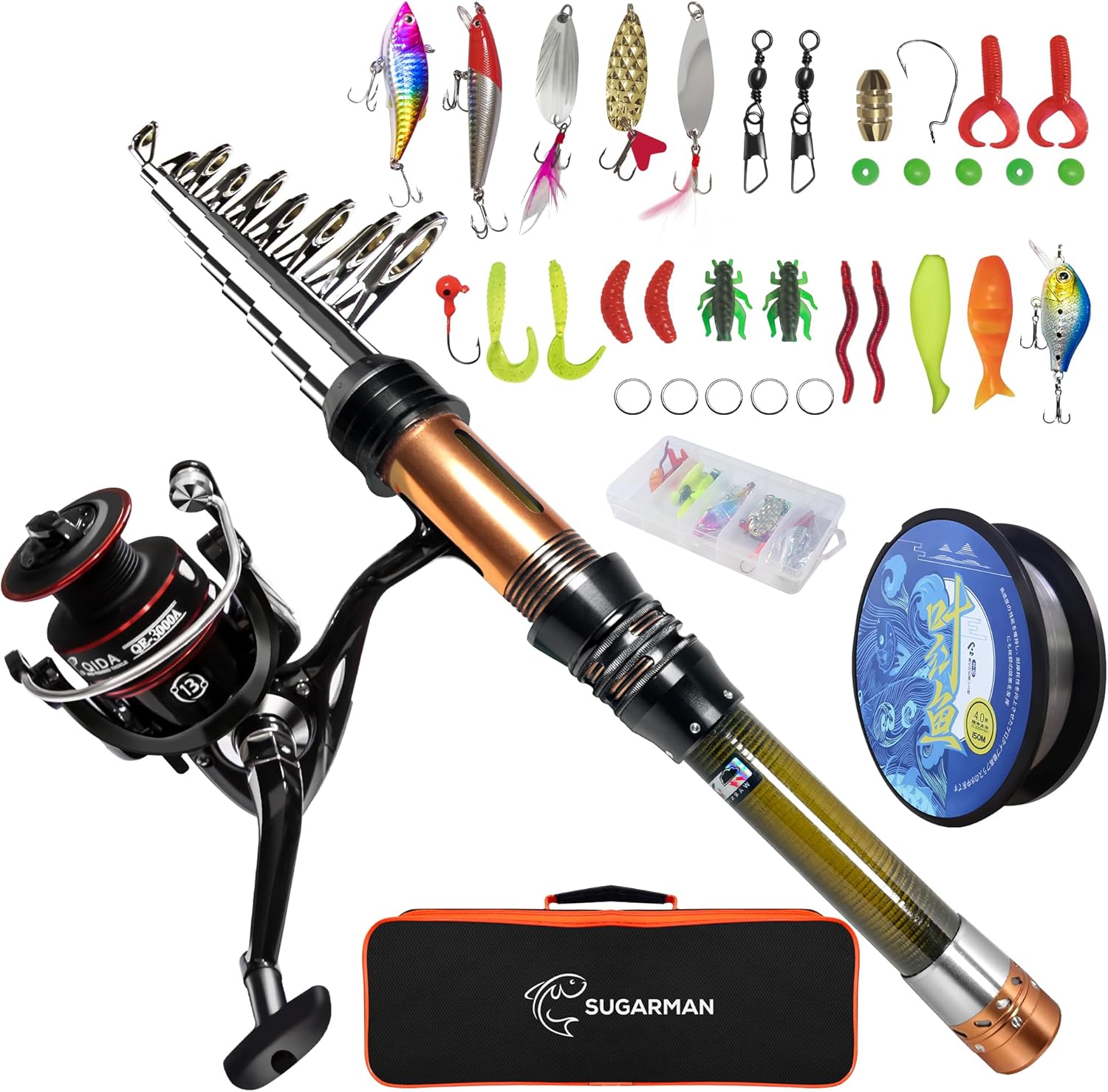 Sugargan Fishing Set, Fishing Rod, 6.9 ft (1.8 M/2.1 m), Carbon Telescopic Fishing Rod, Spinning Reel, Fishing Bait, Fishing Line Included, For Beginners, Hanging Rod Set, Storage Bag and Japanese