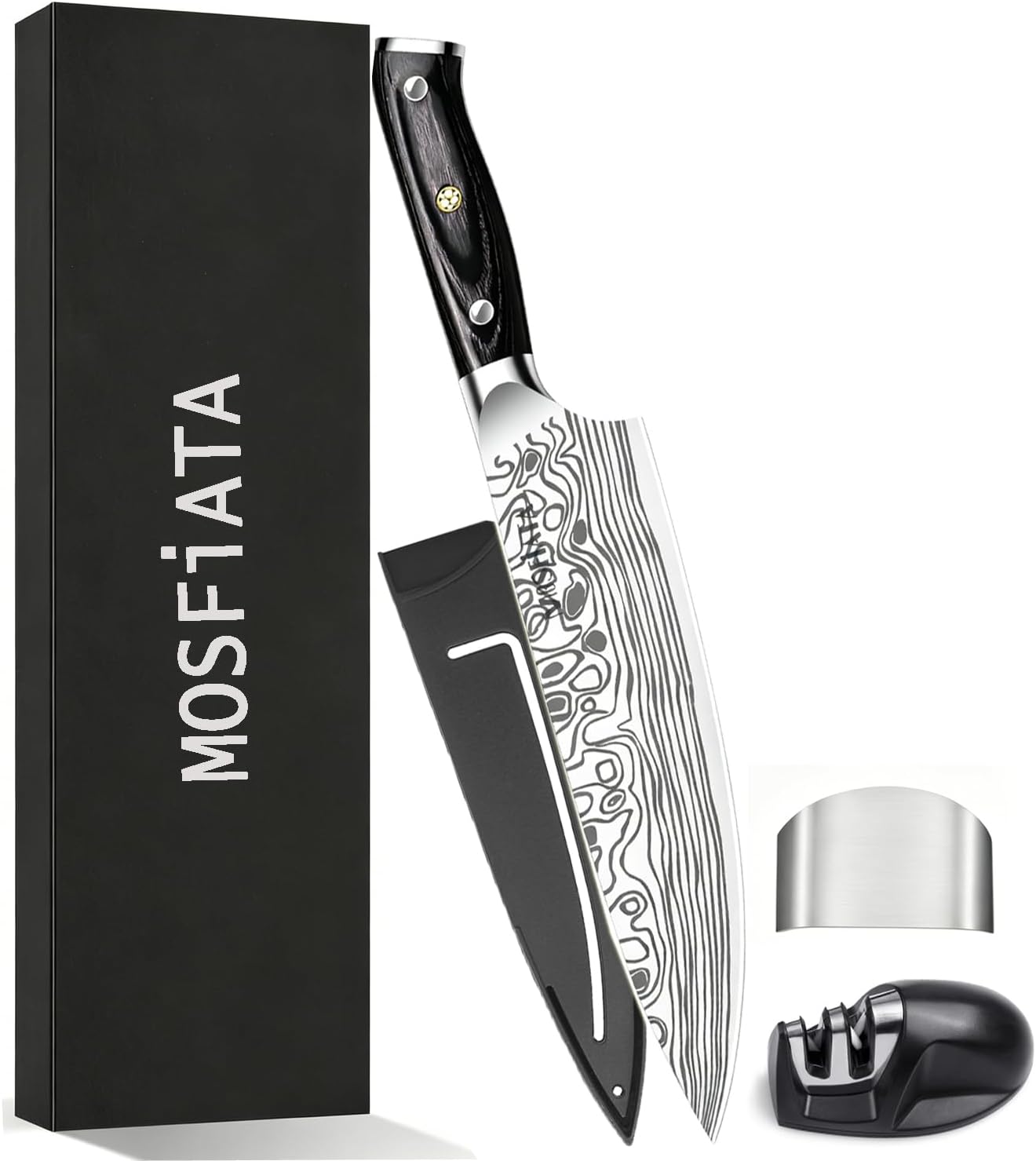 MOSFiATA 8" Chef's Knife Germany - High Carbon Stainless EN1.4116 Ultra Sharp Professional Knife with Micarta Handle - Kitchen Knife, Fingerguard and Sharpener with Gift Box