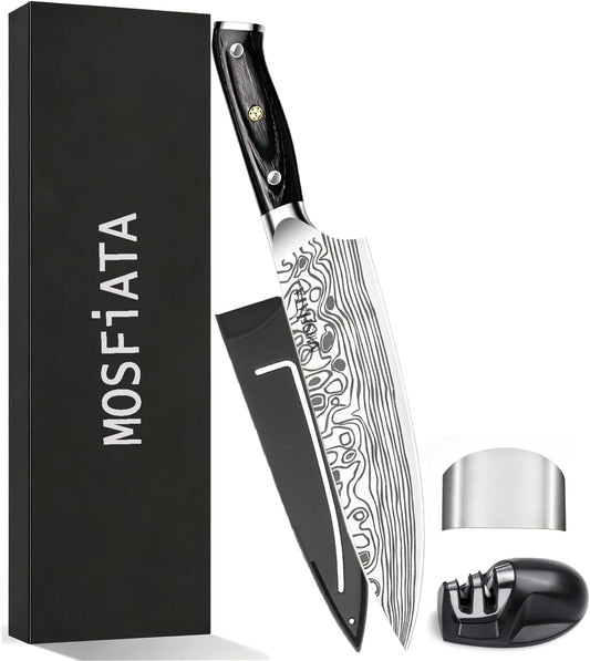MOSFiATA 8" Chef's Knife Germany - High Carbon Stainless EN1.4116 Ultra Sharp Professional Knife with Micarta Handle - Kitchen Knife, Fingerguard and Sharpener with Gift Box