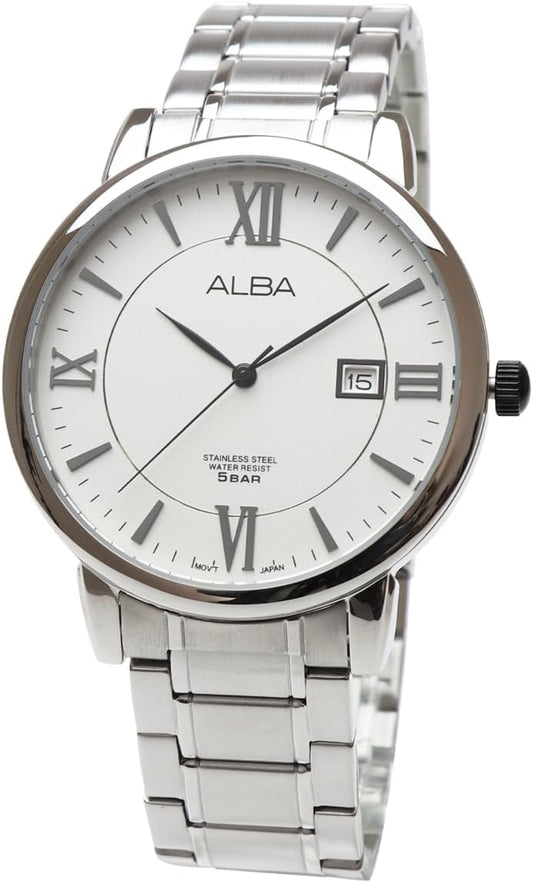 Seiko ALBA Alba AS9809X1 White Roman Quartz Men's Stainless Steel Business Analog Calendar, Watch, Watch, Men's Bracelet, white, Bracelet Type