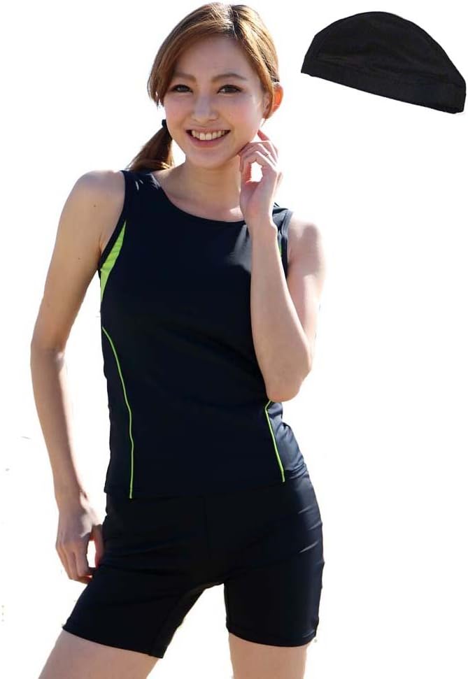 (LE MODE) lemode CSMB122 Women's Fitness Swimsuit, With Swim Cap Set, Separate Top and Bottom, Sleeveless, Competition Swimsuit, Fitness, Prevents Riding Up