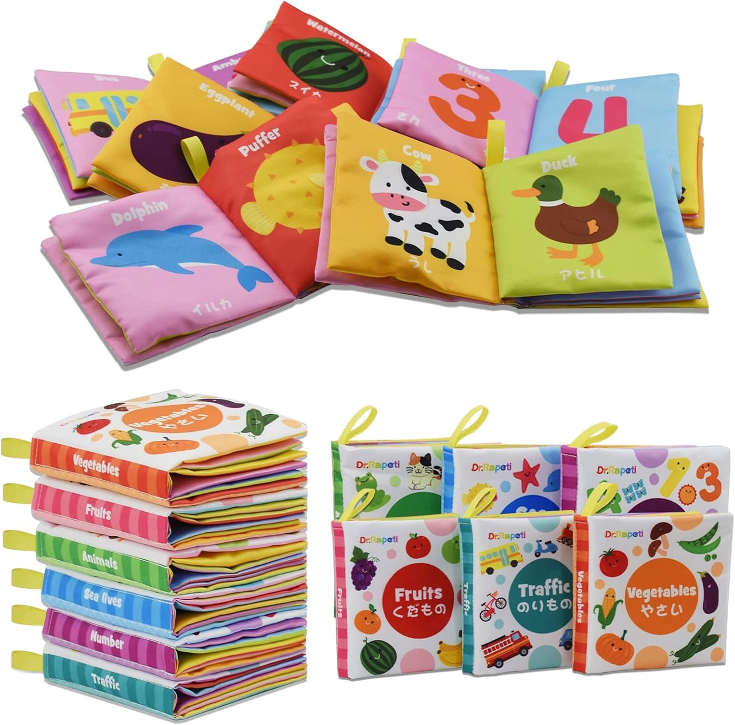 Dr.Rapeti Cloth Picture Book, Cloth Toy, Japanese and English, Bilingual, Set of 6, Crinkle Sound, Whistle, Soft, Washable, Safe for Bath, For Children